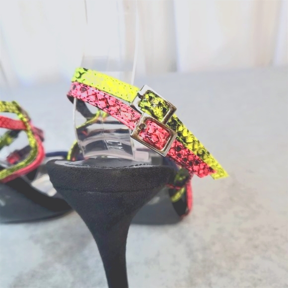 Neon Snake Square Toe Cross Strap Slingback High Heel Shoes Paradox - Picture 8 of 10